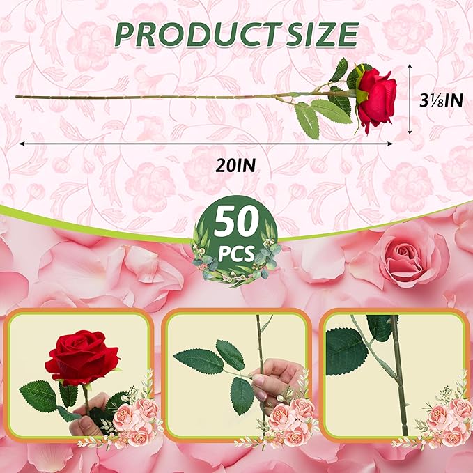 50 PCS Fake Red Roses, Artificial Red Flowers Bulk Realistic Silk Faux Rose with Stems for Wedding Decoration Anniversary Bridal Bouquet DIY Floral Arrangement Romantic Home Decor Gifts