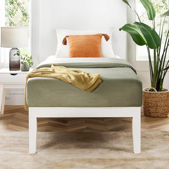 Mellow Naturalista Classic 16 Inch Solid Wood Platform Bed with Wooden Slats, White, Twin