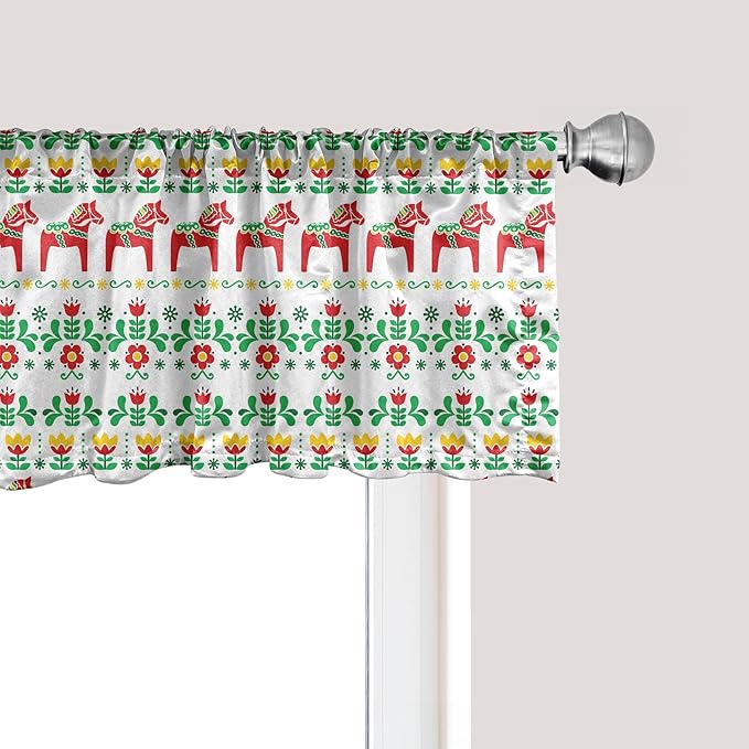 Ambesonne Folk Art Window Valance, Scandinavian Themed Pattern of Swedish Dala Horse and Flowers, Curtain Valance for Kitchen Bedroom Decor with Rod Pocket, 54" X 18", Green Vermilion
