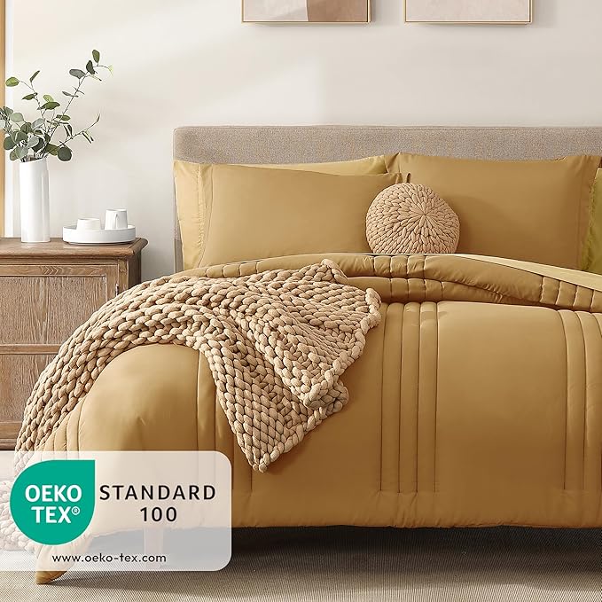 Monbix King Size Comforter Set - 7 Pieces Bed in a Bag King, Desert Yellow Bedding Sets with Comforter, All Seasons Down Alternative Comforter Bed Set with Sheets, Pillowcases & Shams