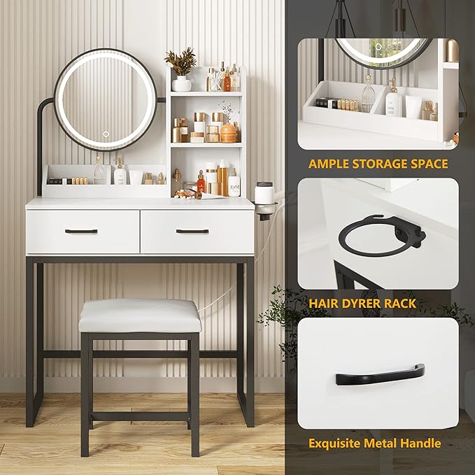 Makeup Vanity Desk with Mirror and Lights, Cute Vanity Makeup Table, Small Vanity Table for Bedroom with Lots Storage, 3 Lighting Modes, 31.5in(L)