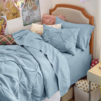 Bedsure Twin Comforter Set Light Blue - Bed in a Bag Twin Size Bedding 5 Pieces, GentleSoft™ Pintuck Bed Set Gift for Family, Pinch Pleat Light Blue Comforter with Sheets, Pillowcase & Sham