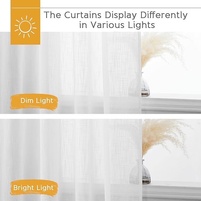 RYB HOME Long Semi Sheer Curtains for Living Room 120 inches Long, Thick Woven Fabric Durable Privacy Protection Drapes for Sliding Glass Door, White, W 52 x L 120 Inch, 1 Pair