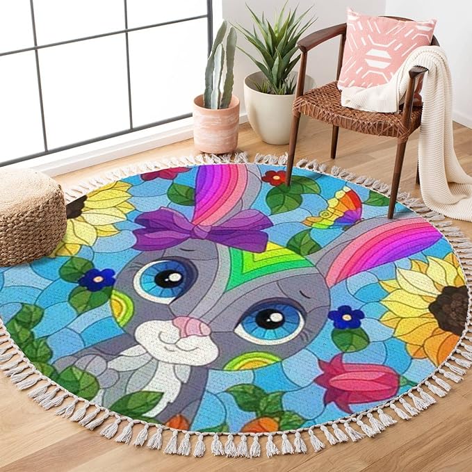 Round Rugs Stained Glass a Portrait a Cute Cartoon Rabbit a Flowers Rectangular Boho Area Rug Linen and Cotton Carpet Meditation Rug Washable Hallway Runner Mat Accent Rug for Bedroom Bathroom 6ft