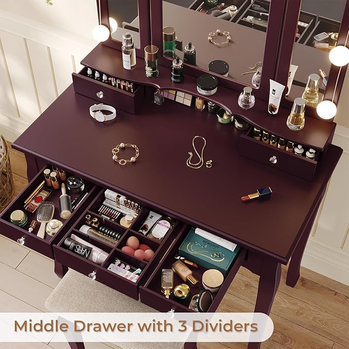 Tiptiper Vanity Desk, Makeup Vanity with Lighted Tri-Folding Mirror & Stool, Vanity Table Set with 10 LED Light Bulbs & 3 Color Lighting Modes, Makeup Table with 5 Storage Drawers, Brown