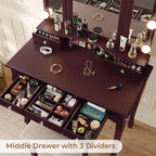 Tiptiper Vanity Desk, Makeup Vanity with Lighted Tri-Folding Mirror & Stool, Vanity Table Set with 10 LED Light Bulbs & 3 Color Lighting Modes, Makeup Table with 5 Storage Drawers, Brown