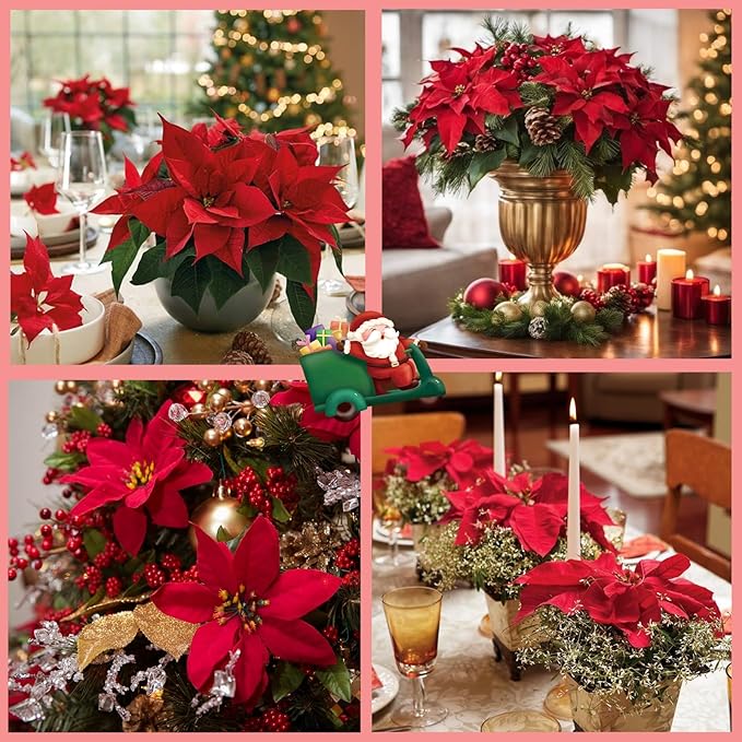 16 Pack Poinsettia Flowers Artificial Christmas Decorations, Red Poinsettia Flowers for Christmas Tree, Velvet Poinsettias Artificial Flowers for Xmas Decor DIY for Home Vase Indoor Outdoor Garden