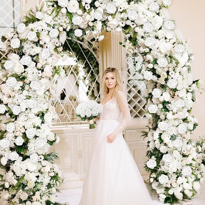 BLEUM CADE 50 Pcs White Roses Artificial Flowers, Real Touch Velvet Roses Fake Flowers Bulk, Artificial Roses Bouquet with Long Stems Bridal DIY Wedding Party Centerpiece Decorations