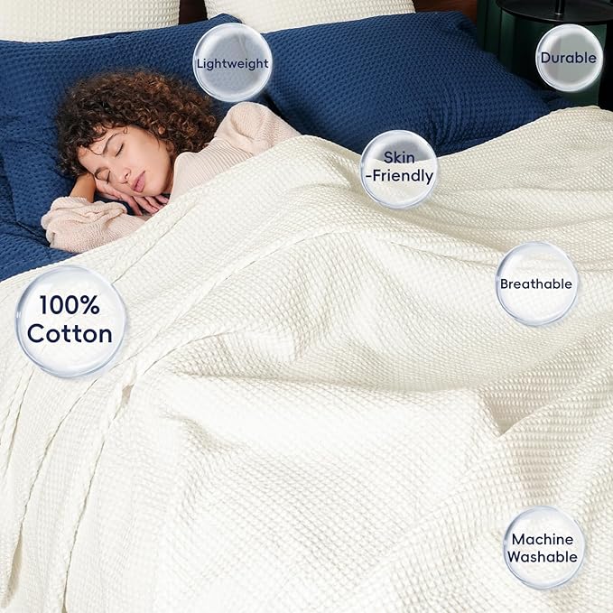 PHF 100% Cotton Waffle Weave Blanket Queen Size for Bed,Snag Proof Lightweight Breathable Moisture-Wicking Throw for Couch,Great for Layering in Cold Weather,Machine Washable, Home Decor Gift-Cream