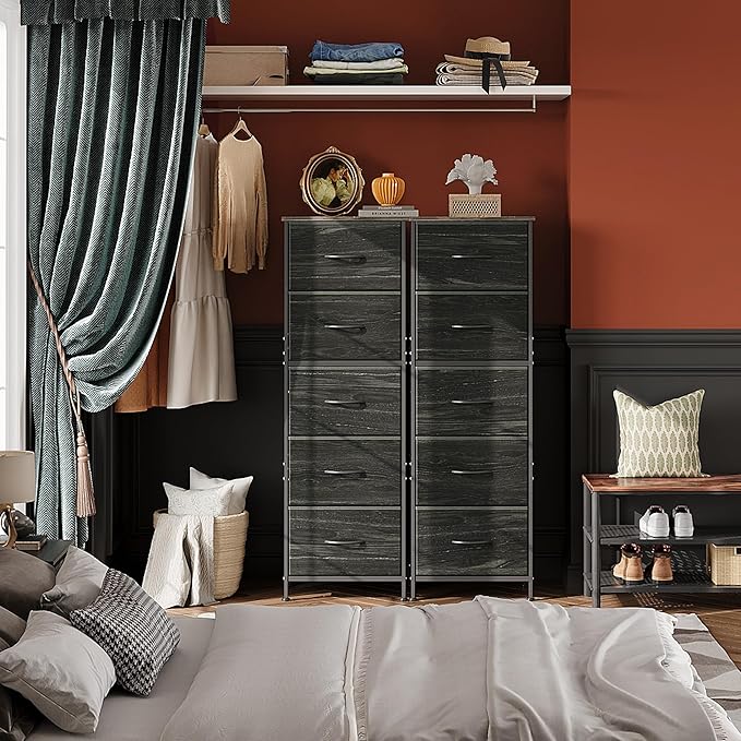 WLIVE Fabric Dresser, 5-Drawer Tall Dresser for Bedroom, Storage Dresser Organizer with Fabric Bins, Wood Top, Sturdy Steel Frame, Chest of Drawers for Closet, Hallway, Charcoal Black Wood Grain Print