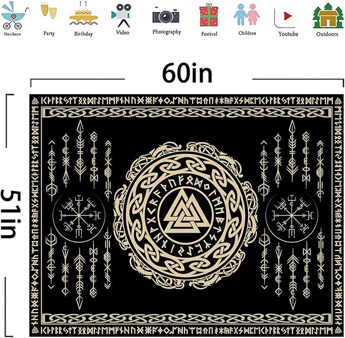 OSUNBD Nordic Viking Tapestry Wall Hanging - Small 60x51inches Soft Flannel with Valknut, Celtic Runes & Norse Mythology Scandinavian for Bedroom, Living Room Decor
