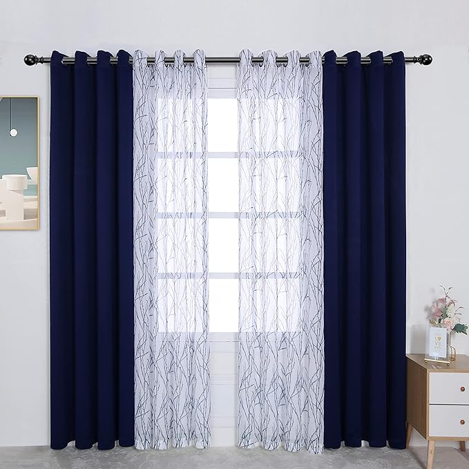 BONZER Mix and Match Curtains - 2 Pieces Branch Print Sheer Curtains and 2 Pieces Blackout Curtains for Bedroom Living Room Grommet Window Drapes, 54x84 Inch/Panel, Indigo, Set of 4 Panels