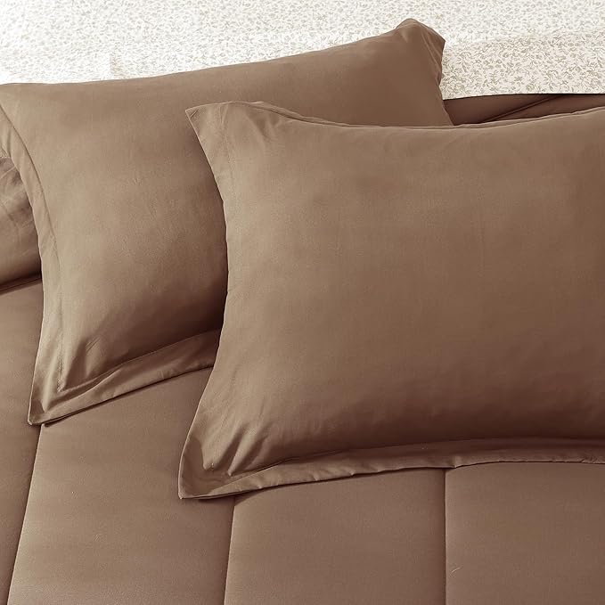 Monbix Full Comforter Set - 7 Pieces Brown Bed in a Bag Full Size Track Stitching Bedding Sets, All Seasons Down Alternative Comforter with Sheets,Pillowcases & Shams