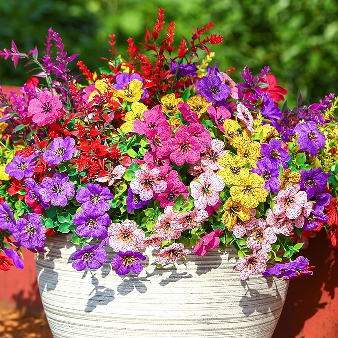SHareconn 36 Bundles Artificial Flowers for Outdoors Decoration, Faux Plants Fake Silk Colorful Daisy Eucalyptus Lavender, UV Resistant for Outside Home Porch Patio Indoor Spring Decor, Mix 5 Colors
