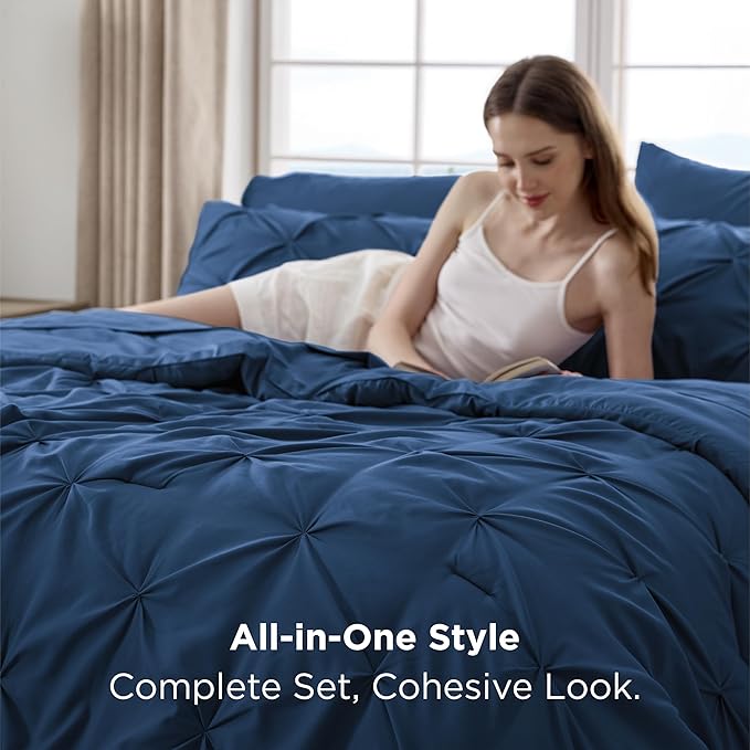 Bedsure California King Comforter Set Navy - Bed in a Bag Cal King Bedding Set 7 Pieces, GentleSoft™ Pintuck Bed Set Gift for Family, Pinch Pleat Navy Comforter with Sheets, Pillowcases & Shams