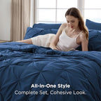 Bedsure California King Comforter Set Navy - Bed in a Bag Cal King Bedding Set 7 Pieces, GentleSoft™ Pintuck Bed Set Gift for Family, Pinch Pleat Navy Comforter with Sheets, Pillowcases & Shams