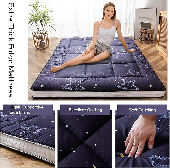 MAXYOYO Black Moon and Star Futon Mattress, Padded Japanese Floor Mattress Quilted Bed Mattress Topper, Extra Thick Folding Sleeping Pad Floor Lounger Guest Bed for Camping Couch, Queen