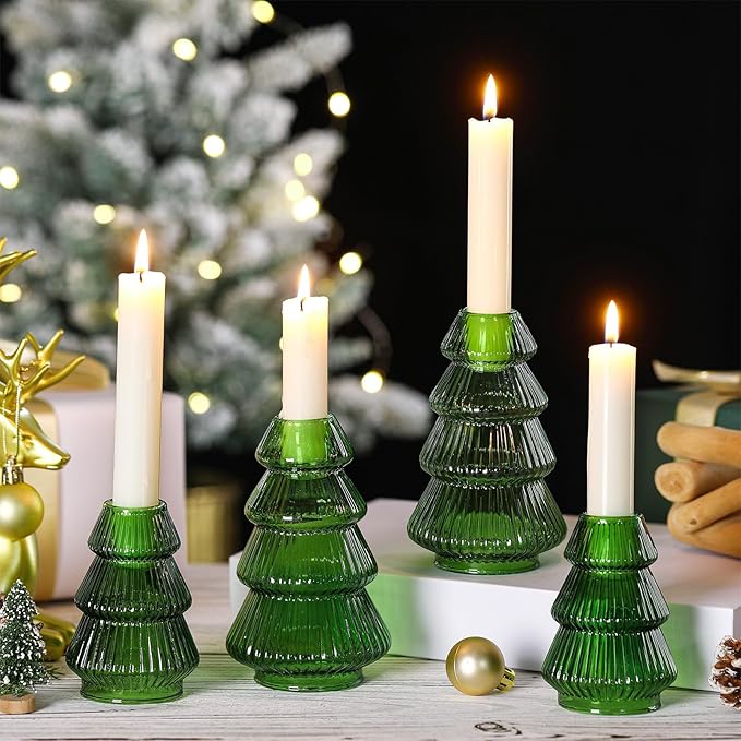 Leinuosen 4 Pcs Christmas Tree Candle Holder Green Glass Candlestick Holder for Taper Candle Stand Modern Green Candlestick for Christmas Holiday Table Centerpiece Mantel Home Room Party Decor Gift