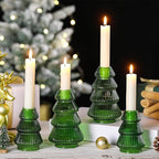 Leinuosen 4 Pcs Christmas Tree Candle Holder Green Glass Candlestick Holder for Taper Candle Stand Modern Green Candlestick for Christmas Holiday Table Centerpiece Mantel Home Room Party Decor Gift