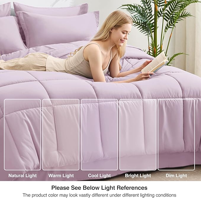 Love's cabin Queen Comforter Set Light Purple, 7 Pieces Queen Bed in a Bag, All Season Bedding Sets with 1 Comforter, 1 Flat Sheet, 1 Fitted Sheet, 2 Pillowcase and 2 Pillow Sham