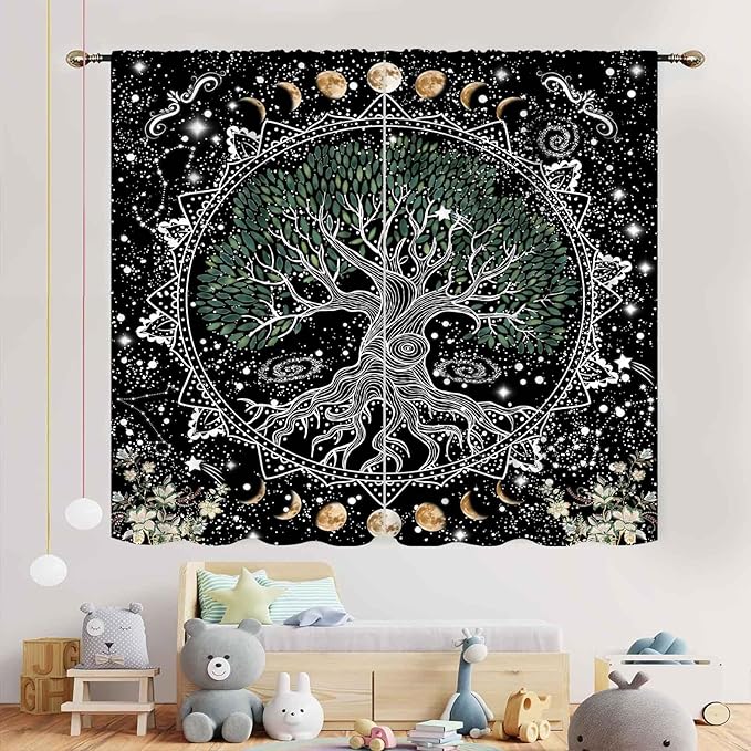 Life Tree Curtains, Hippie Sun Moon Trippy Tree of Life Bohemian Mandala Aesthetci Mystic Witchy Blackout Window Drapery Treatments for Bedroom Living Room Bathroom Decor, 63"x63" Inch