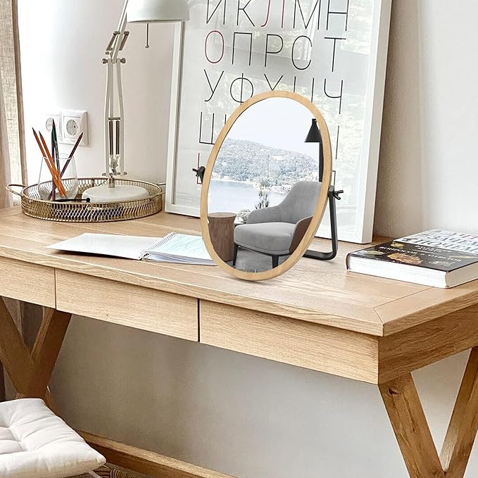 Generic Vanity Makeup Table Mirror - Desk Mirrors 360 Adjustable Rotation,Wood Framed Small Standing Mirror for Bedroom,Tabletop,Office,Antique,Dresser,Countertop 11.8'' x 7.8''