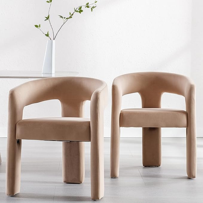 Modern Barrel Dining Chair, Velvet Upholstered Accent Side Chair with Arms Comfy Makeup Vanity Chair, Dining Living Room Kitchen Chair, Khaki
