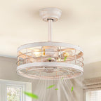 LEDIARY 16.5in Caged Ceiling Fan with Light, Fandelier Industrial Ceiling Fan with Remote, Rustic Metal Fan Lights Ceiling Fixtures for Kitchen, Farmhouse, Bedroom（6 Speed, Timing）-White and Gold