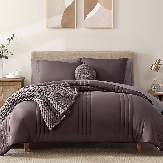 Monbix Queen Comforter Set - 7 Pieces ltalian Plum Bed in a Bag Queen Bedding Sets with Comforters, All Seasons Down Alternative Comforter Bed Set with Sheets,Pillowcases & Shams