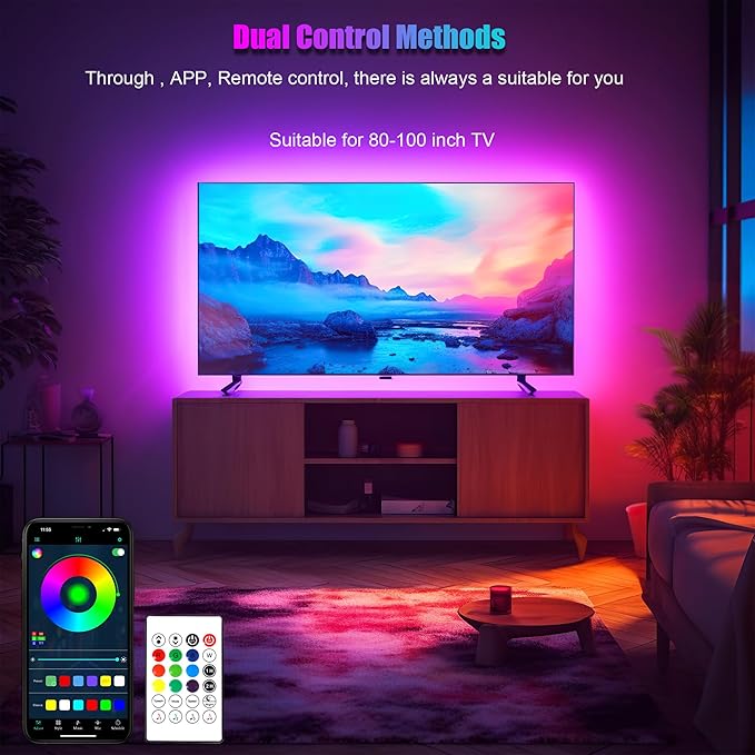 PANGTON VILLA LED Lights for TV 80-100 Inch, 24.6FT ICRGB TV LED Backlight Kit Work with APP & Remote Control, Music Sync TV LED Lights, TV Lights Behind, USB Powered