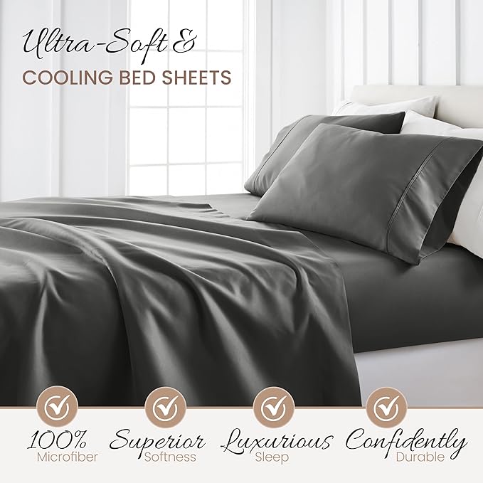 Linen Market Brushed Microfiber Queen Sheet Set 4 Piece – Oeko-TEX Certified Ultra Soft & Wrinkle-Free - 16" Deep Pocket Sheets - Easy Care Queen Size - Gray