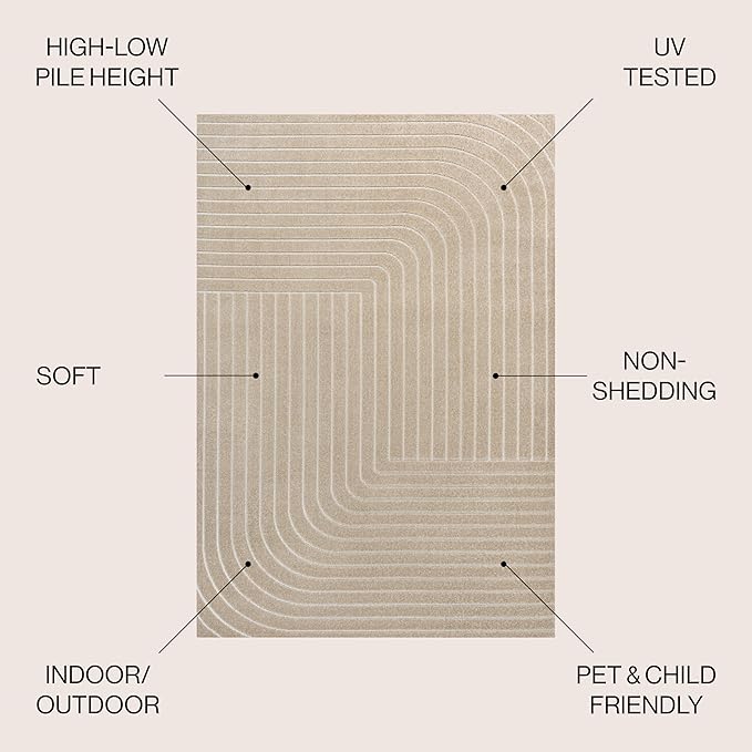 Eyely NCS101E-4 Odense High-Low Minimalist Angle Geometric Beige/Cream 4 ft. x 6 ft. Indoor/Outdoor Area Rug, for Home, Backyard, Patio, Porch, Bedroom, Kitchen, Living Room