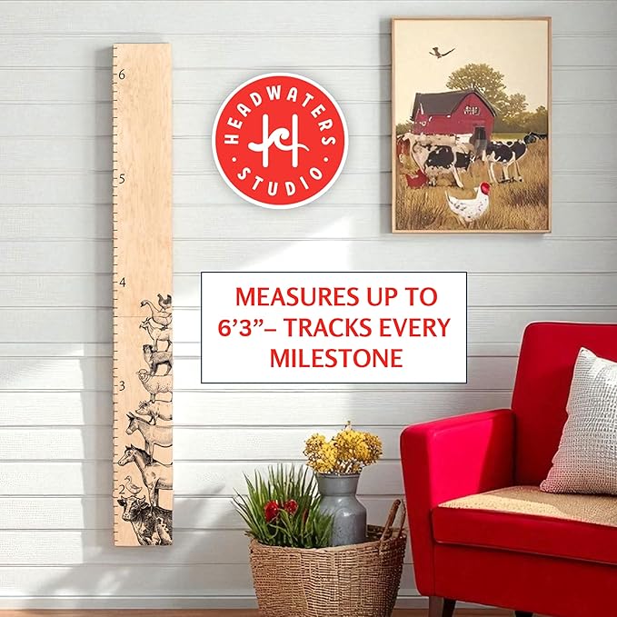 Headwaters Studio Wooden Growth Chart – Kids Height Chart, Wall Measurement for Kids, Height Chart for Wall, Growth Ruler for Children – Farm Animals, Natural - 63" x 6.7"