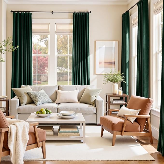 Lazzzy Velvet Blackout Curtains Thermal Insulated Room Window Drapes Super Soft Luxury Curtains for Living Room Bedroom Rod Pocket 2 Panels, Emerald Green, 62" W x 90" L