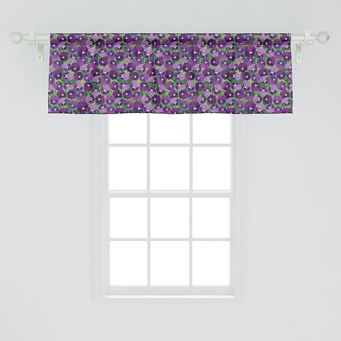 Ambesonne Botanical Window Valance, Green Field Full of Burgeoning Pansy Inflorescence Garden Flourish Bedding Plants, Curtain Valance for Kitchen Bedroom Decor with Rod Pocket, 42" x 18", Purple