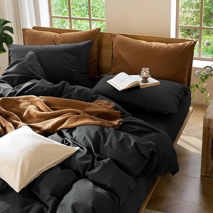 MooMee Bedding Duvet Cover Set 100% Washed Cotton Linen Like Textured Breathable Durable Soft Comfy (Solid Black, Full 80"x90")