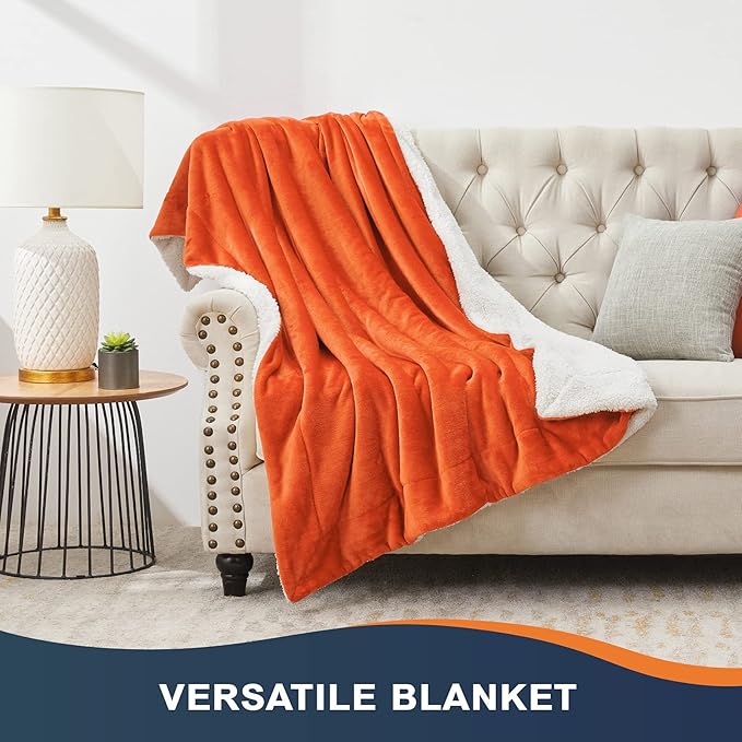 Walensee Sherpa Fleece Blanket (Queen Size 90”x90” Orange) Plush Throw Fuzzy Super Soft Reversible Microfiber Flannel Blankets for Couch, Bed, Sofa Ultra Luxurious Warm and Cozy for All Seasons