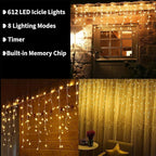 Toodour Christmas Icicle Lights Outdoor, 612 LED 50ft 8 Modes Fairy Icicle String Light with 102 Drops, Led Christmas Lights Twinkle for Holiday, Party, Wedding, Eaves, Xmas Decorations (Warm White)