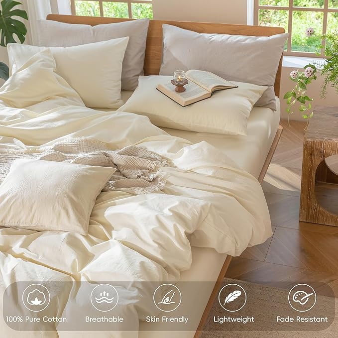 MooMee Bedding Duvet Cover Set 100% Washed Cotton Linen Like Textured Breathable Durable Soft Comfy (Solid Cream White, Oversized King Plus 128"x120")
