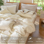 MooMee Bedding Duvet Cover Set 100% Washed Cotton Linen Like Textured Breathable Durable Soft Comfy (Solid Cream White, Oversized King Plus 128"x120")