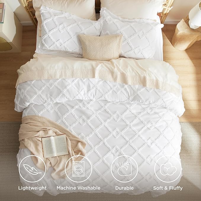 Bedsure Boho Comforter Set Twin - White Tufted Twin Size Comforter, 2 Pieces Farmhouse Shabby Chic Embroidery Bed Set, Soft Fluffy Geometric Pattern Bedding for All Seasons