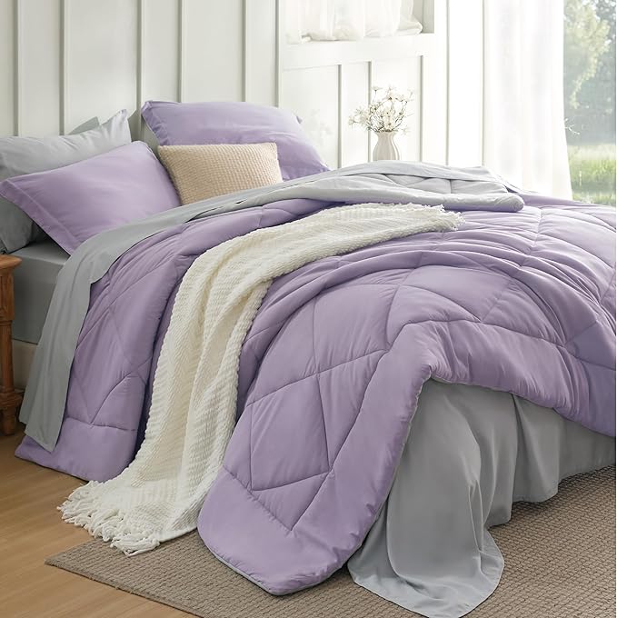Bedsure Twin Comforter Set - 5 Pieces Reversible Light Purple Bedding, Twin Size Bed Set for All Seasons, Bed in a Bag with Down Alternative Comforter, Sheets, Pillowcase & Sham