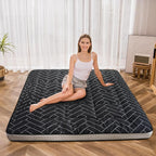 MAXYOYO Black Geometric Pattern Futon Mattress, Japanese Floor Mattress Quilted Bed Mattress Topper, Extra Thick Folding Sleeping Pad Breathable Floor Lounger Guest Bed for Camping Couch, Full