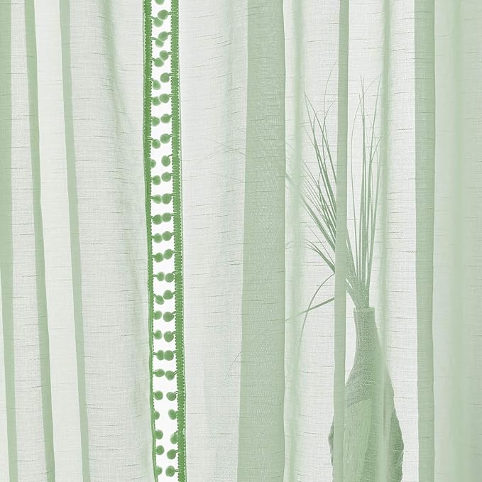 Treatmentex Pompom Sheer Green Curtains for Bedroom 72" Length Nursery Room Slub Textured Window Curtain Drapes for School Kindergarten 52" w x 2 Pack Rod Pocket, Sage Green