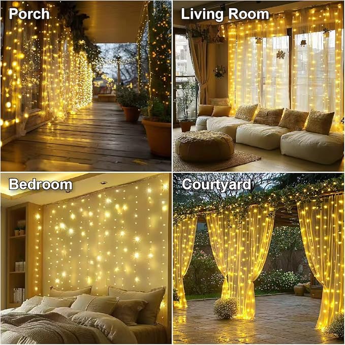 HXWEIYE 300LED Fairy Curtain Lights, 9.8x9.8Ft USB Plug-in 8 Modes Christmas String Hanging Lights with Remote for Bedroom Backdrop Wedding Party Indoor Wall Decor, Warm White, Standard