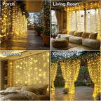 HXWEIYE 300LED Fairy Curtain Lights, 9.8x9.8Ft USB Plug-in 8 Modes Christmas String Hanging Lights with Remote for Bedroom Backdrop Wedding Party Indoor Wall Decor, Warm White, Standard