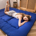 MAXYOYO Japanese Floor Mattress Futon Mattress, Thicken Sleeping Pad Foldable Roll Up Floor Futon for Adults Tatami Mat Dormitory Bed Lounger, Royal Blue, Queen Size