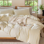 MooMee Bedding Duvet Cover Set 100% Washed Cotton Linen Like Textured Breathable Durable Soft Comfy (Solid Cream White, King 104"x90")