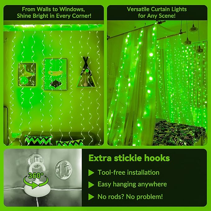 HXWEIYE 300LED Fairy Curtain Lights, 9.8x9.8Ft USB Plug-in 8 Modes Christmas String Hanging Lights with Remote for Bedroom Backdrop Wedding Party Indoor Wall Decor, Green, Standard