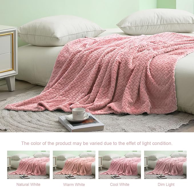Exclusivo Mezcla Fleece Twin Size Blanket for Bed, 90x66 Inches Soft Cozy Jacquard Flannel Blankets, Lightweight Fuzzy Plush Warm for Winter, Pink